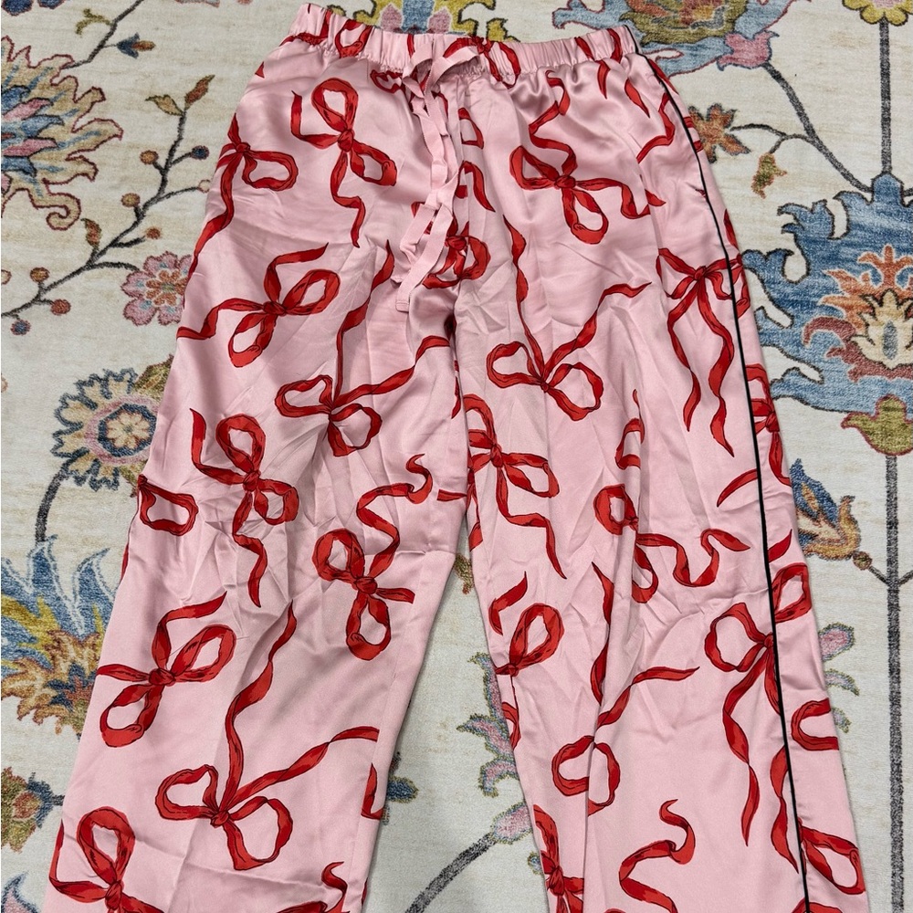 Victoria's Secret Pink Pajama Bottoms with Red Ribbon Design
